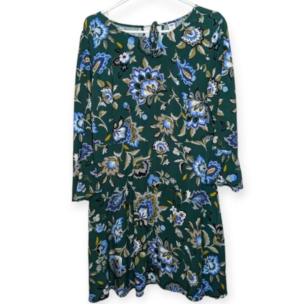 Old Navy Green Floral  Print Fit & Flare Bell Sleeve Tie Back Dress Women 14